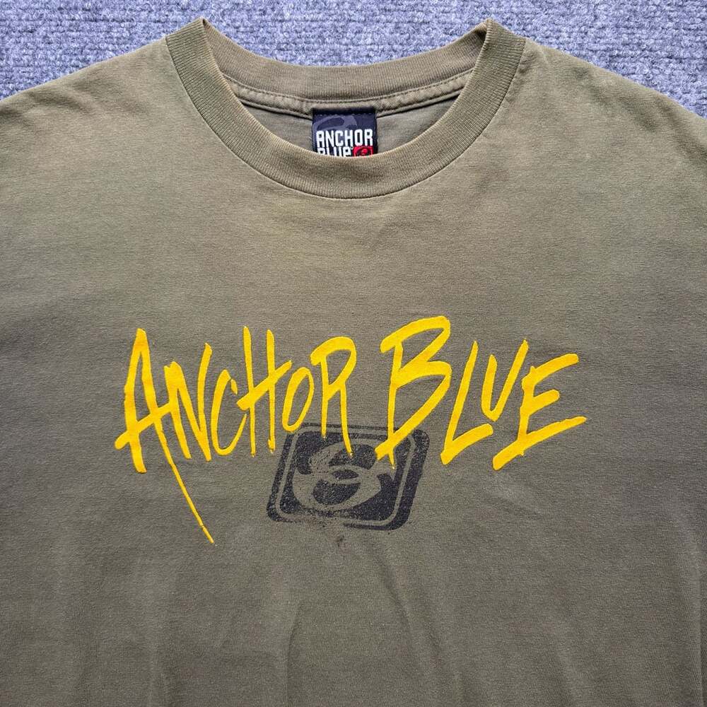 Vintage Anchor Blue Y2K Olive Green Graphic Logo T-Shirt Size Medium